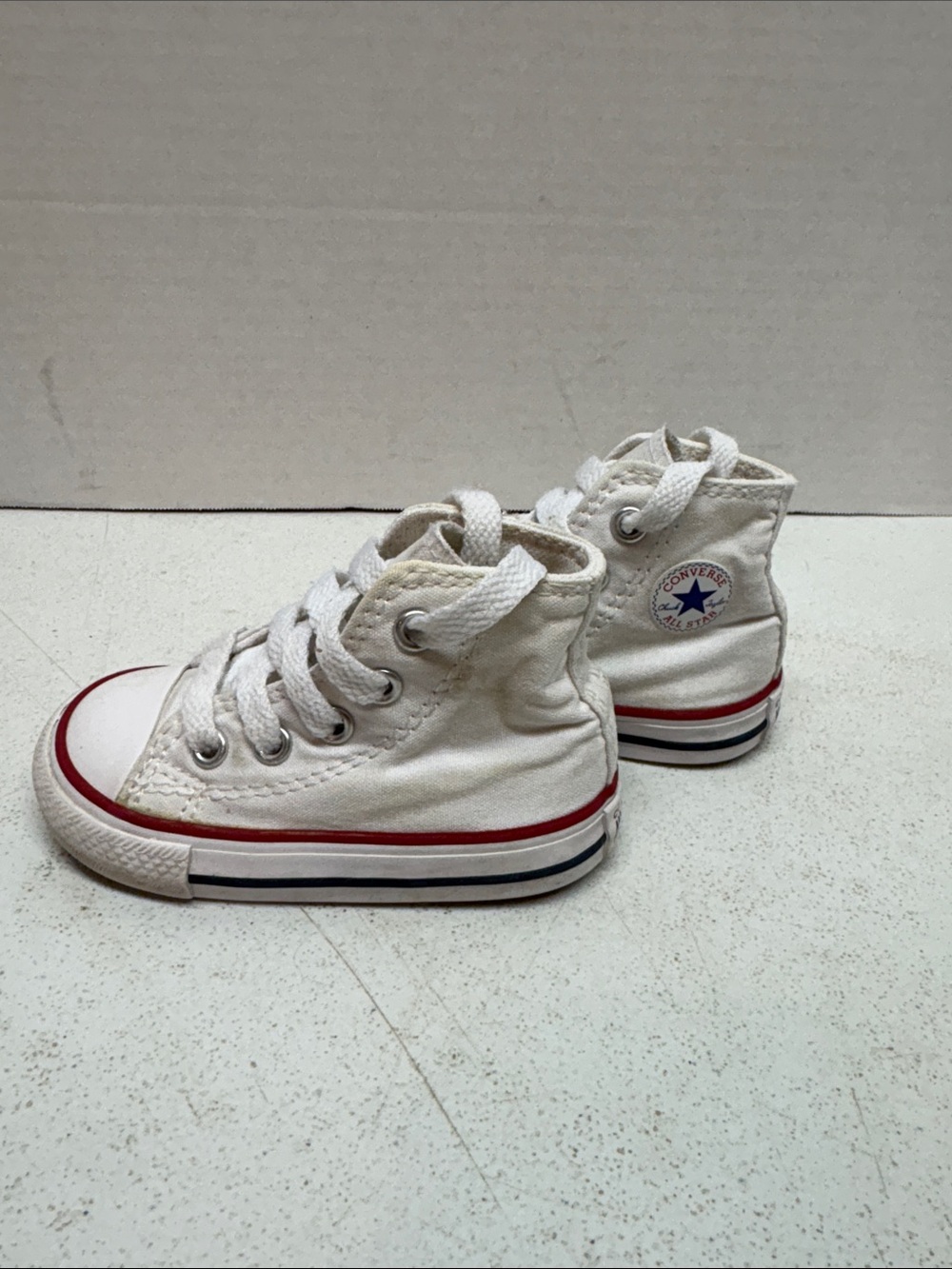 Converse White High Top Kids Sneakers with Red & Blue Trim